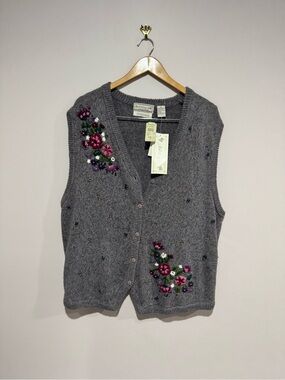 Vintage Ashley Hand Embroidered Floral Sweater Vest Gray 2X Granny Cottagecore
